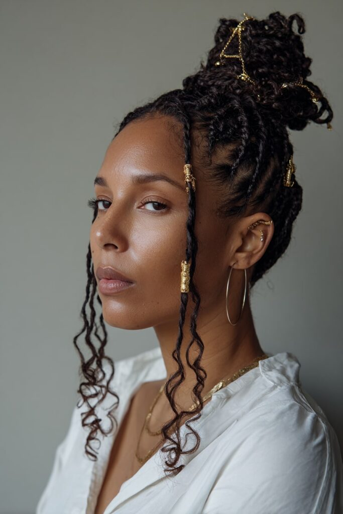 Half-up Jayda Wayda braids styled into a top bun with long curly braided ends flowing down.