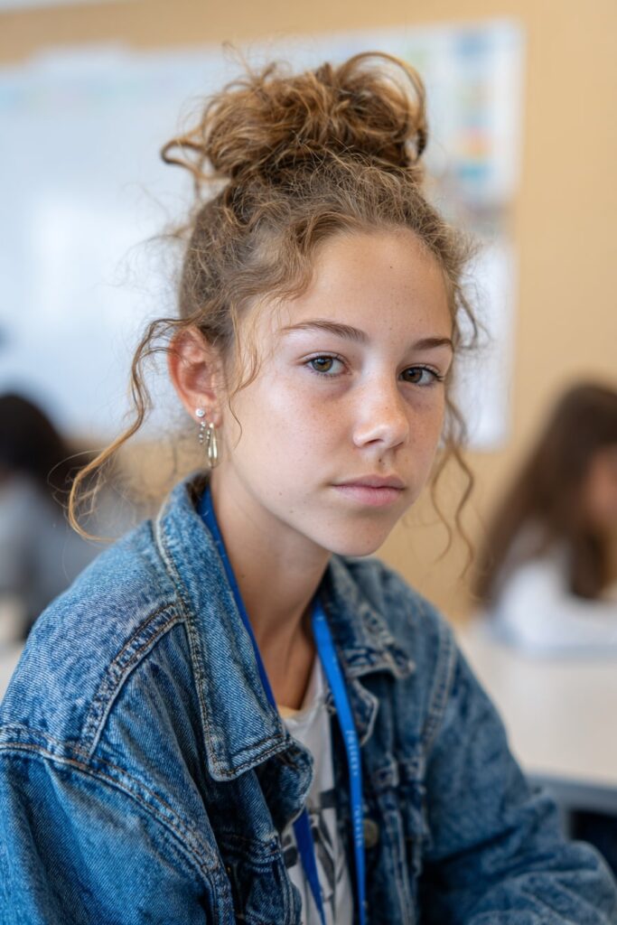 High school girl wearing a half-up half-down bun with soft waves, dressed in a denim jacket inside a bright classroom.
