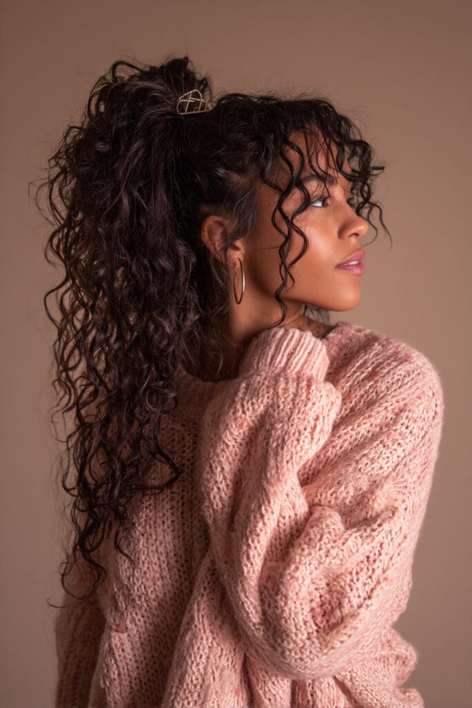 Black woman with curly hair half-up secured with a claw clip, loose curls cascading, wearing a pastel sweater in a softly lit beige-toned room.