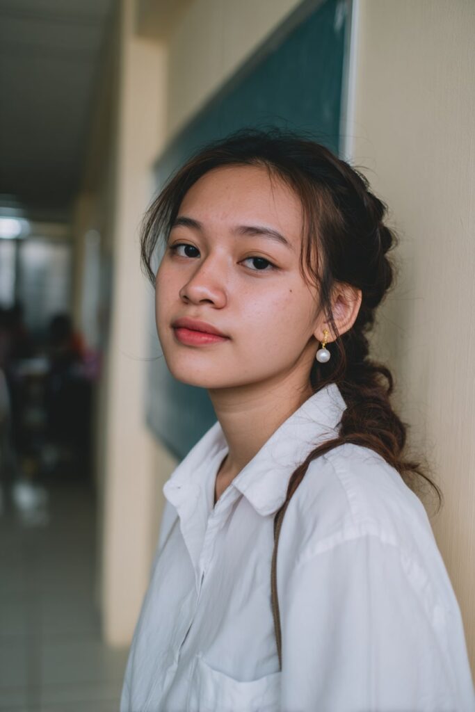 Teen girl with a halo braid circling her head, wearing pearl earrings and a school uniform, standing in front of a classroom chalkboard.