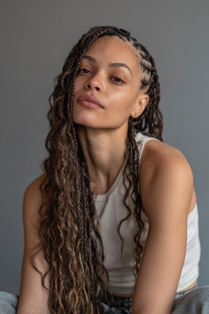 Close-up of Jayda Wayda-style cornrows in a heart pattern, with long flowing braids and styled edges.