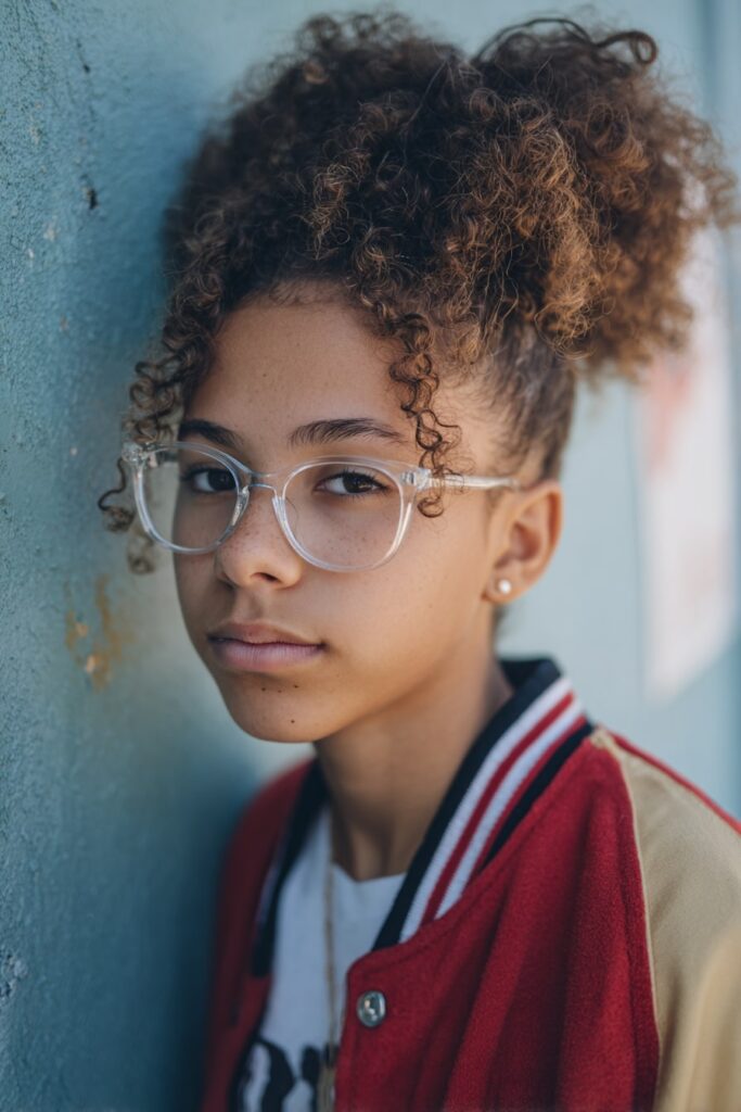 Teen with high curly puff hairstyle and curly bangs, wearing a varsity jacket and glasses in front of a chalkboard wall.