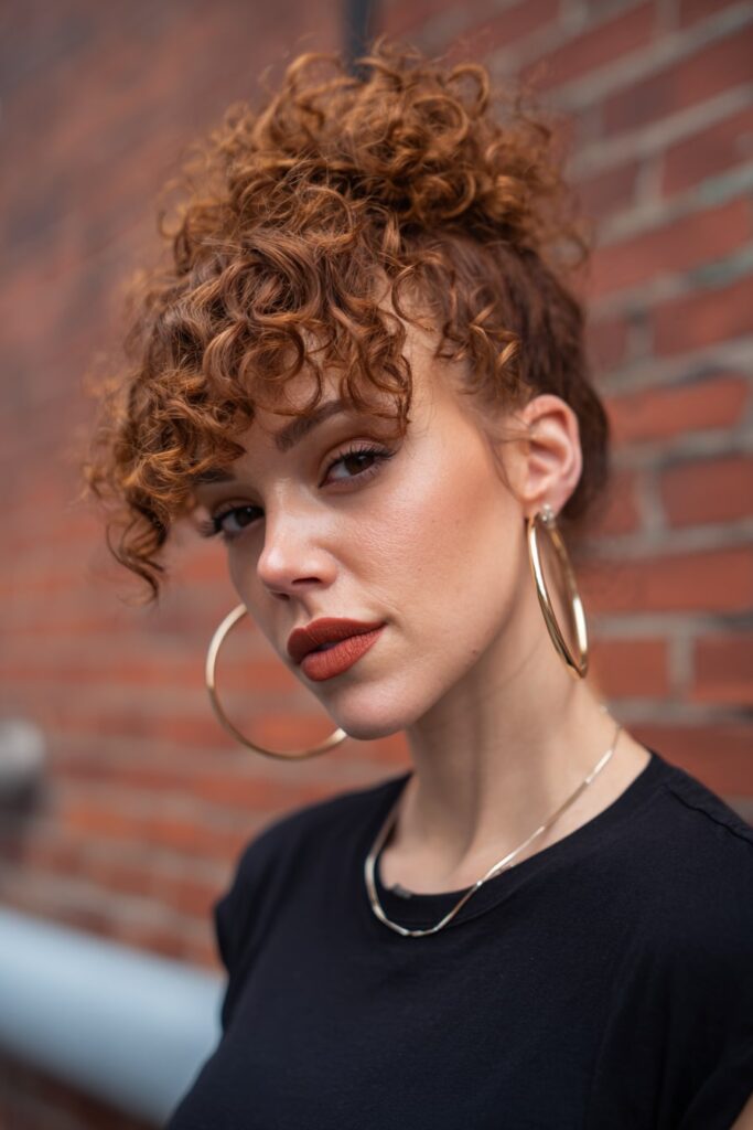 American model with a voluminous curly bixie haircut featuring bold curls and rounded shape, honey caramel tone, large hoop earrings and brick wall in the background.