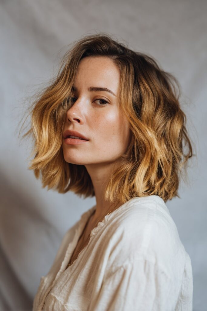 Woman with mid-length wavy bob in warm honey blonde, slightly darker roots showing for a grown-out natural look, set against a fabric studio backdrop.