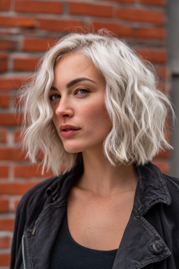 Chin-length icy platinum blonde bob with soft tousled waves and visible dark shadow roots for contrast, styled with an urban fashion look against a brick wall.