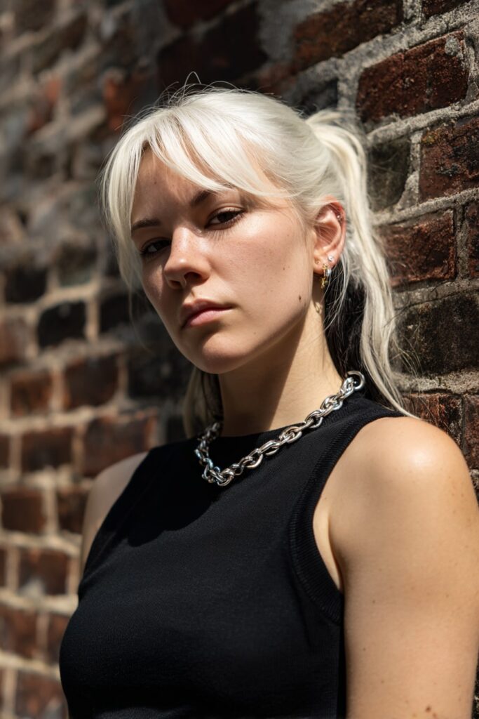 Straight platinum blonde hair with deep dark roots exposed intentionally, jagged ends and flat finish, paired with edgy grunge makeup and set against a brick wall.