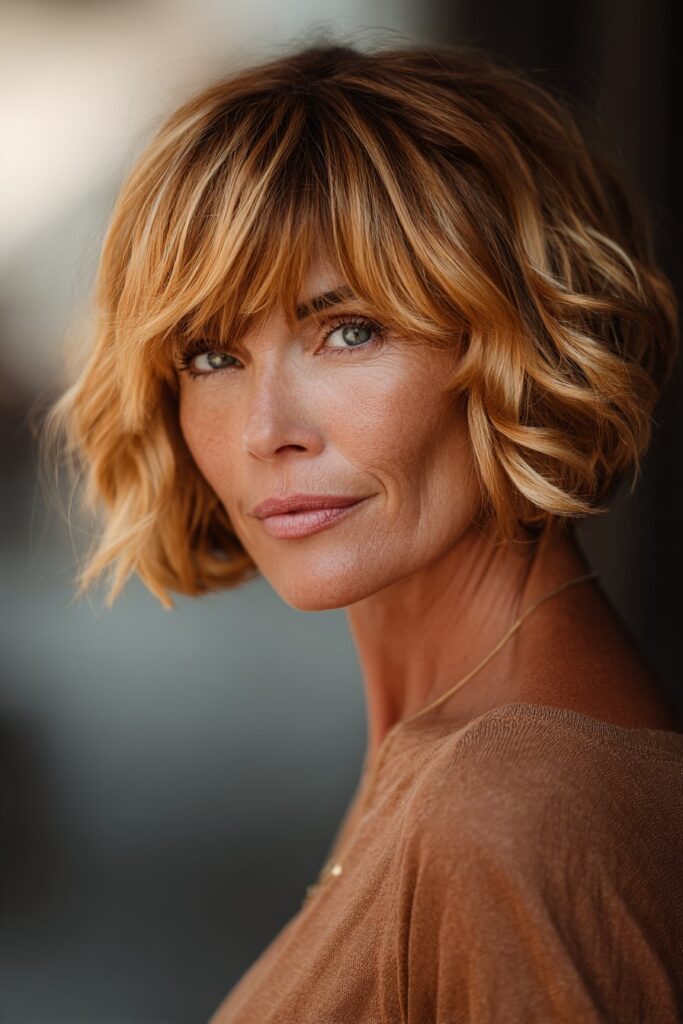 Stylish senior woman with an inverted bob and soft caramel highlights, hair catching light beautifully in a seamless studio photo.