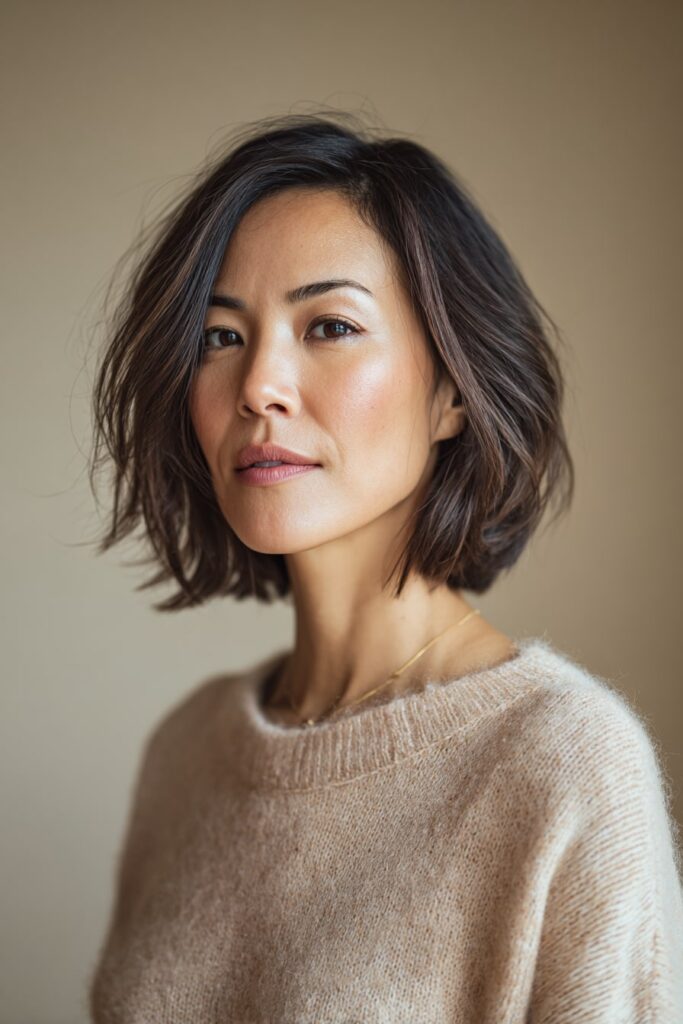 Woman with feathered layered inverted bob, subtle movement and volume in her hair, posed gently in front of a soft gray background.
