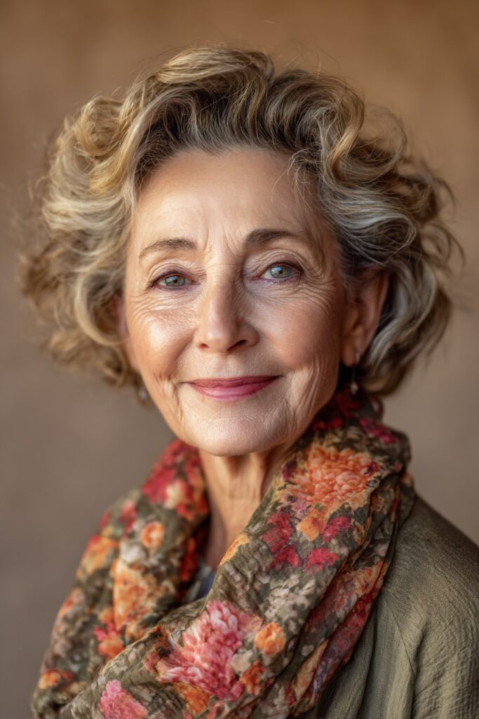 Sophisticated lady with soft-curl inverted bob hairstyle, dressed in a high-collar top, photographed with warm neutral tones.