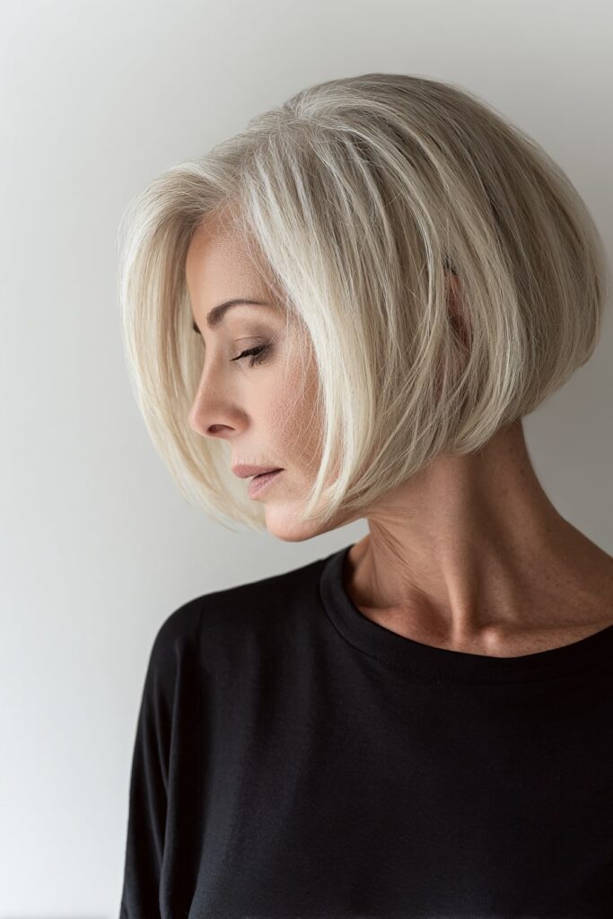 Elegant senior with a tapered nape inverted bob, shot from a soft angle showing nape detail and clean structure, softly lit.