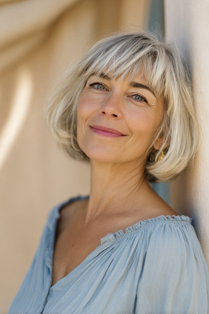 Woman over 50 with a delicate inverted bob featuring wispy bangs, posed with gentle lighting on a seamless light gray background.