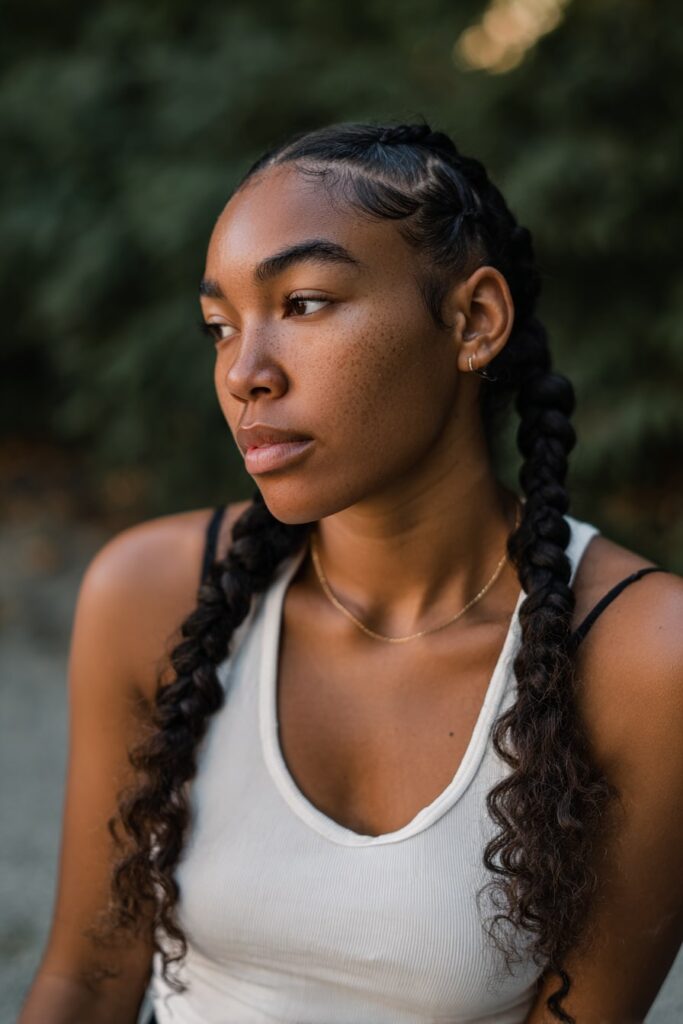 Black female model with four neat braids in a Jayda Wayda style, curls added at the ends, shiny black strands, and minimal makeup against a white studio backdrop.