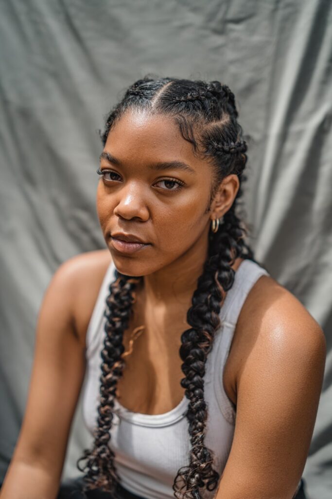 Jayda Wayda 5-braid look with symmetrical parting and soft defined curls, worn by a Black model with natural-toned makeup and a neutral background.