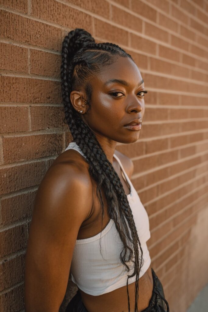 African-American woman with Jayda Wayda-inspired high braided ponytail, sleek top and voluminous curly tail, styled naturally with an urban brick wall behind.