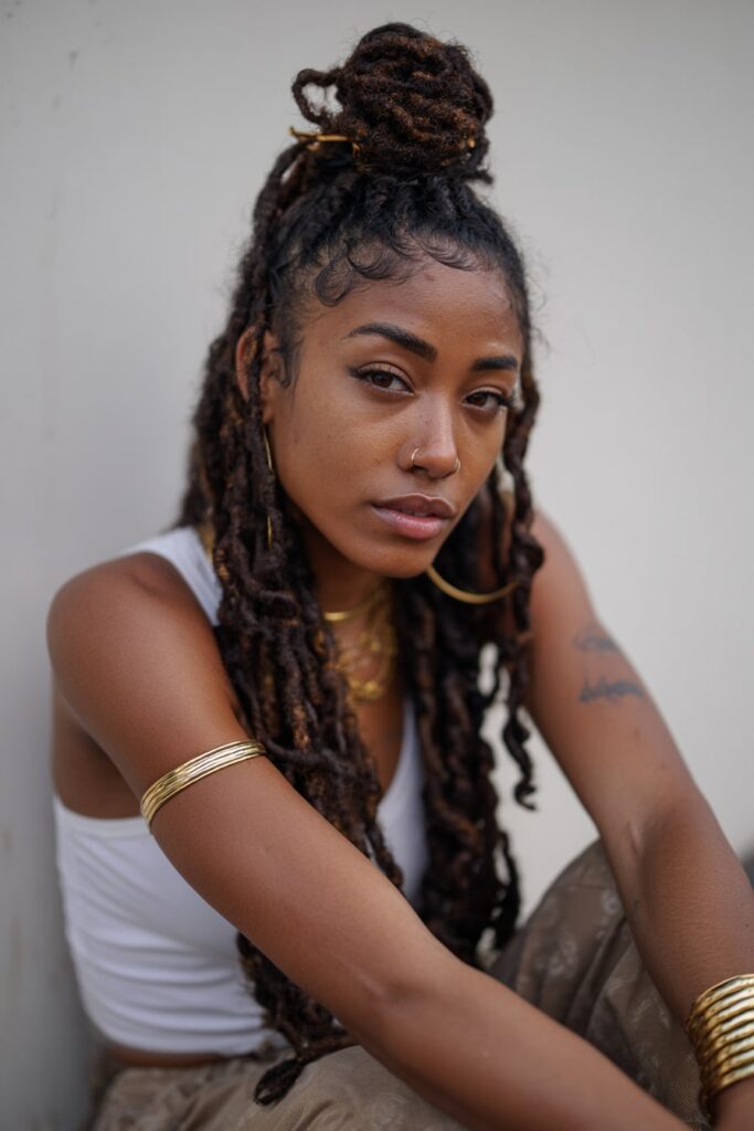 Trendy half-up, half-down Fulani braids with top bun and curly lower braids, adorned with gold hair accessories.