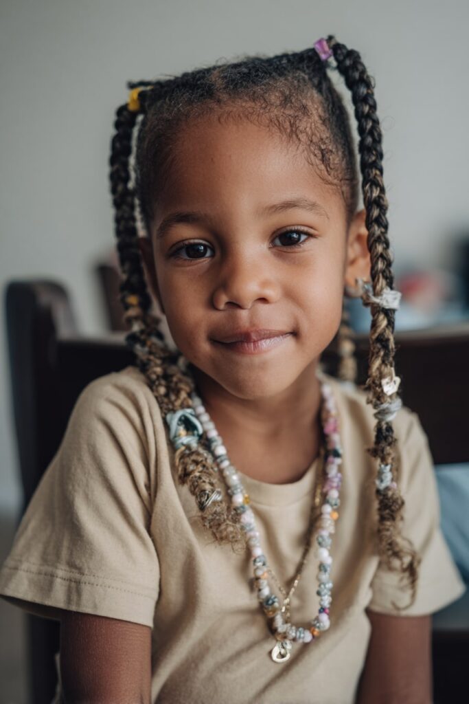 Toddler girl wearing small Jayda Wayda braids with beads and clips, center parted and styled for playful elegance.