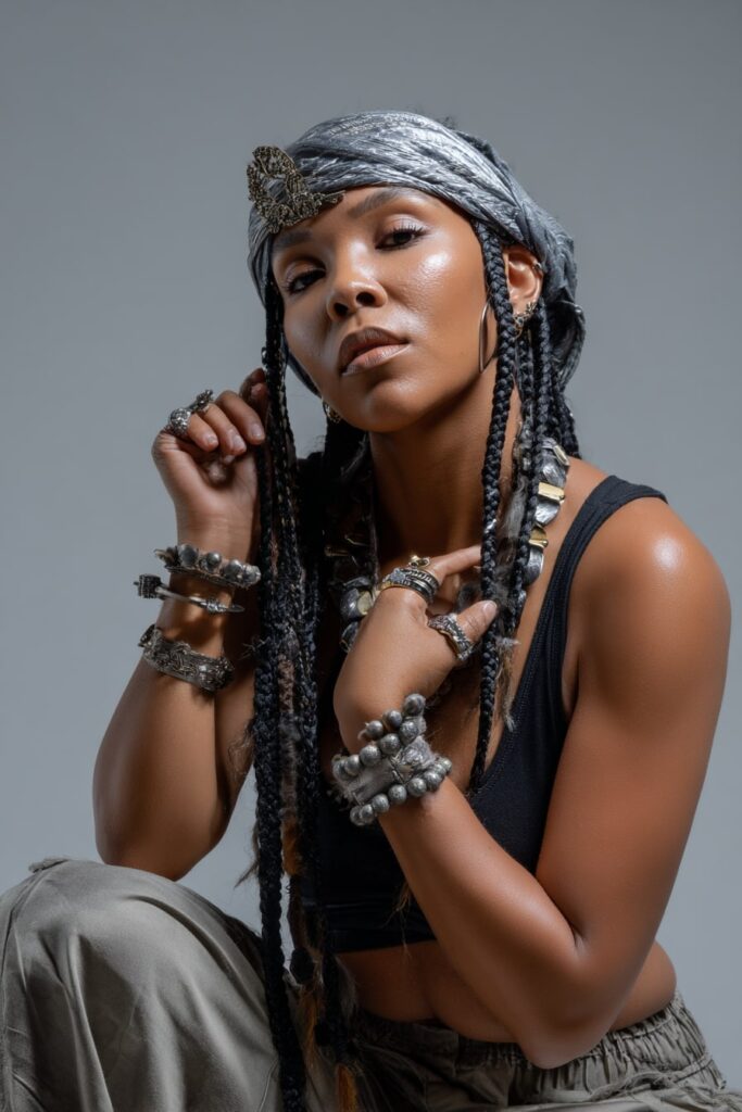 Jayda Wayda braids heavily adorned with cuffs, beads, rings, and threads for a bold and trendy look.