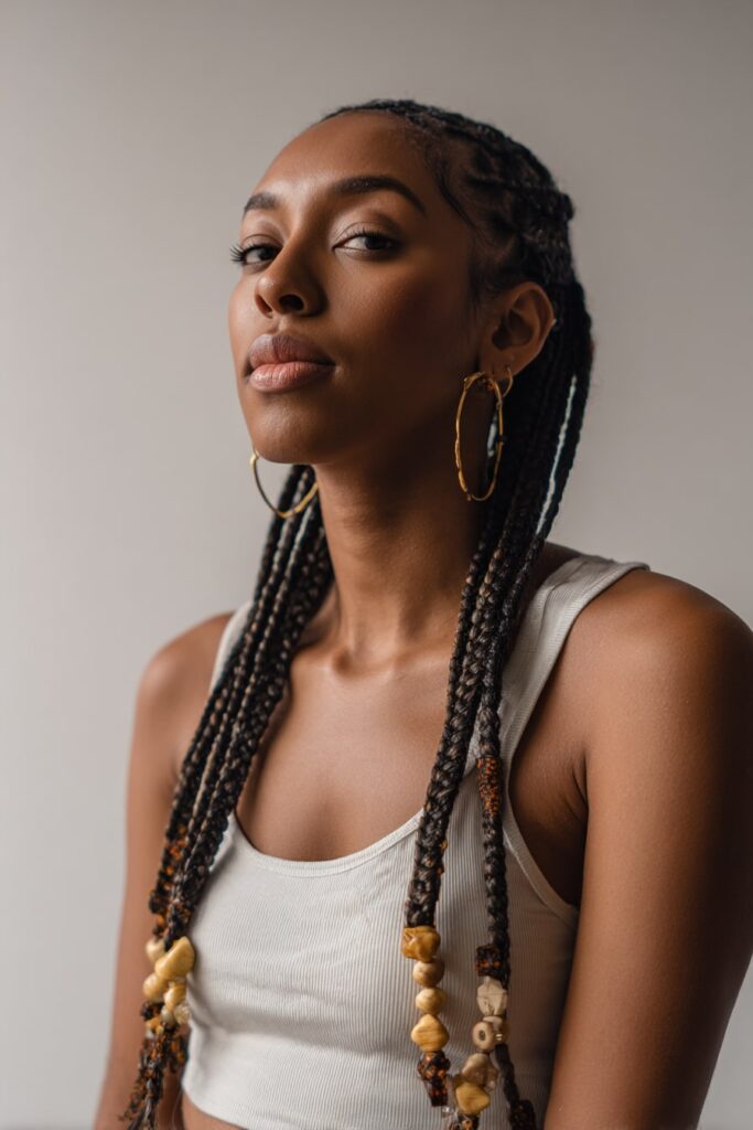 Model featuring long Jayda Wayda braids adorned with gold and wooden beads for a tribal touch.