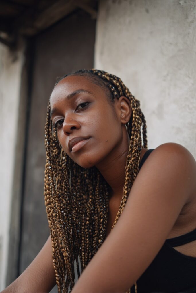 Jayda Wayda-style braids in honey blonde tones, center parting, and sleek plaits with light makeup.
