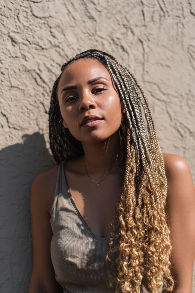 Jayda Wayda-inspired long braids with golden blonde ombre curls, worn by a Black model with soft makeup and styled edges against a textured plaster wall.