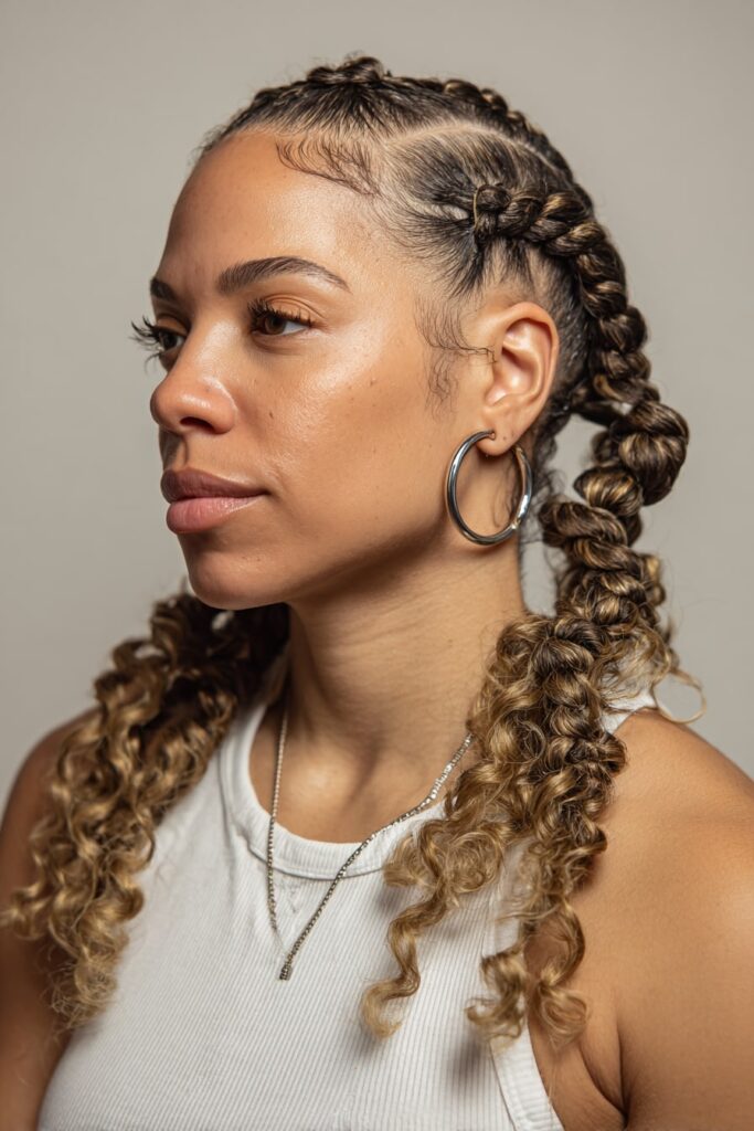 Model showing Jayda Wayda braids with soft curly ends, symmetrical part and laid baby hairs.