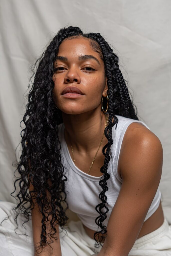 Close-up of Black model wearing sleek Jayda Wayda-style medium braids with soft curly tips, center part, and natural glam look against a seamless white backdrop.