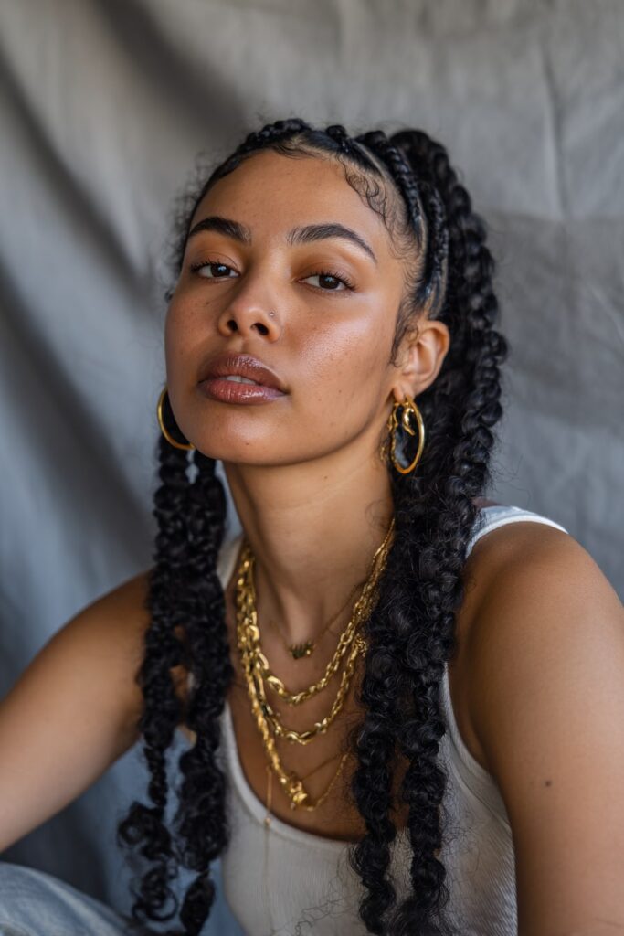 Fashion-forward Jayda Wayda braid look with loose hanging curls and neat box braids, worn with gold accessories and a neutral backdrop.