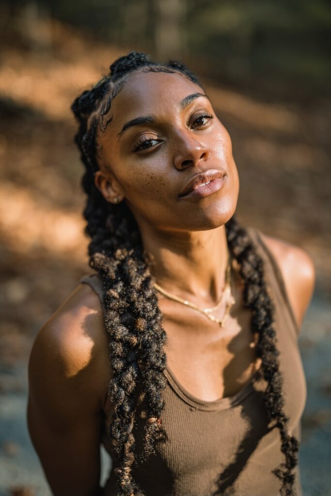 Black woman wearing Fulani braids using her natural hair only, soft braid texture with earthy tones and minimal shine.