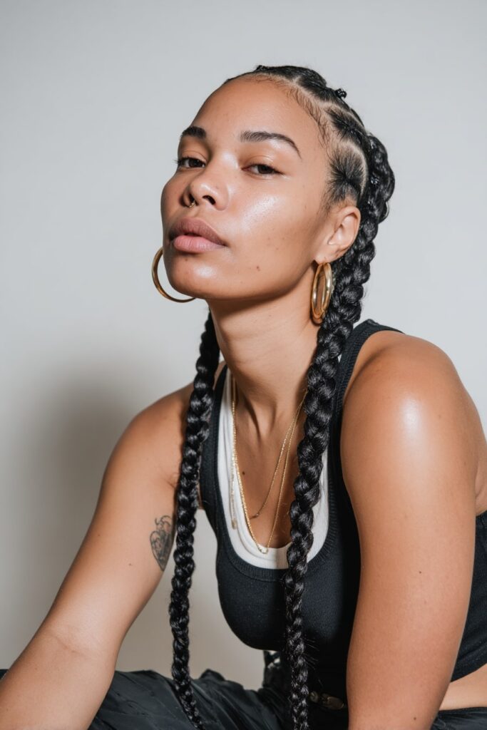 Protective style of Jayda Wayda-inspired braids with full scalp coverage and no natural hair left out, styled cleanly.