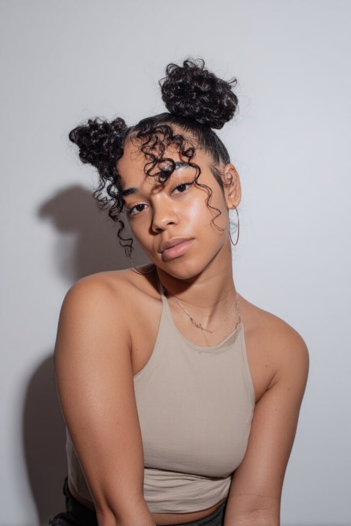 Jayda Wayda triangle-parted braids with sleek lines and shiny curly ends, worn by a Black woman with bronzed glow makeup on a seamless white backdrop.