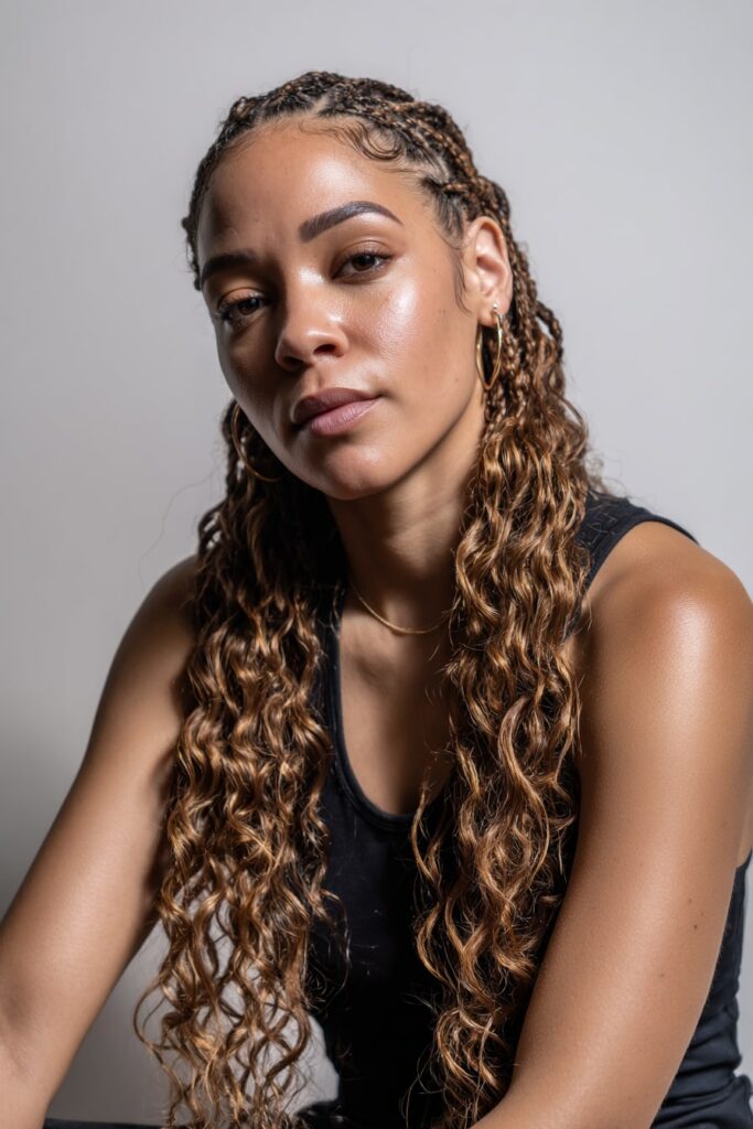 Jayda Wayda-style micro braids with long curly extensions, middle part and mocha brown tone, captured on a white studio background with natural soft lighting.