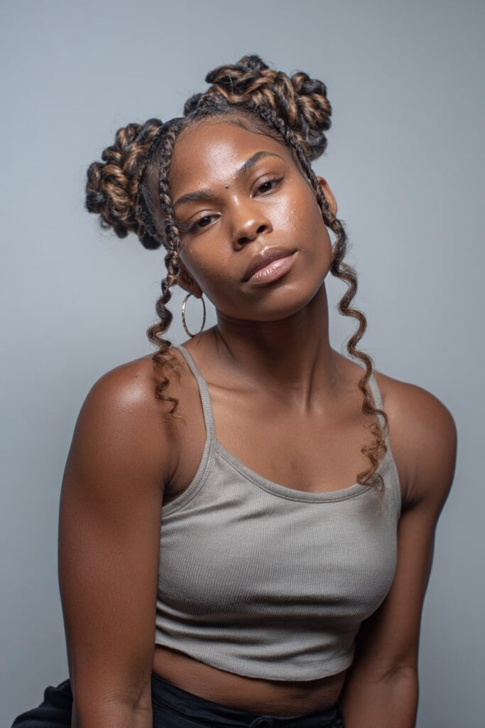 African-American woman with jumbo knotless Jayda Wayda braids and bouncy curls at the ends, styled with brown extensions and warm-toned makeup on a soft gray background.