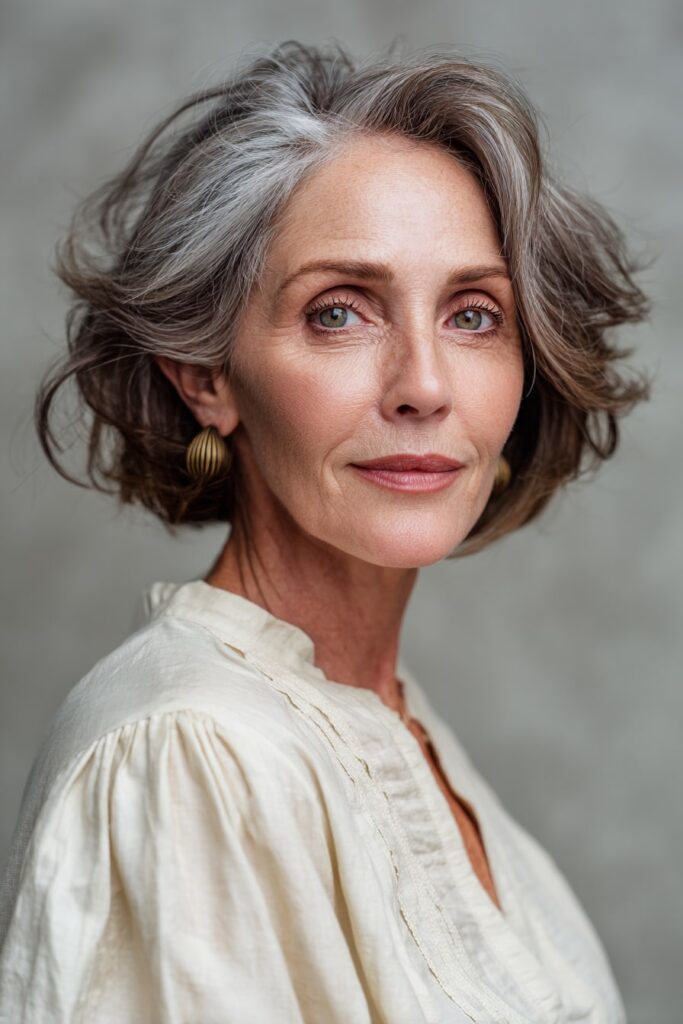 Mature woman wearing a layered stacked inverted bob, stylish and volumized, softly smiling against a clean gray backdrop.