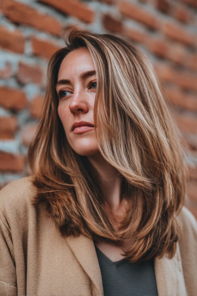 Model with ultra-long hair in soft layers, highlighted with warm blonde balayage over a dark base, styled straight with light tousle, photographed against an urban backdrop.