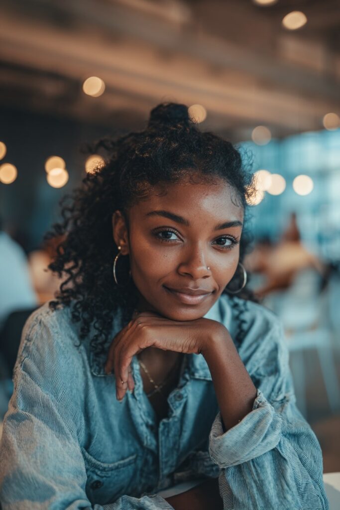 Black woman with naturally curly hair in a relaxed low ponytail, casual denim shirt, smiling gently in a softly lit cafe with warm bokeh lights.