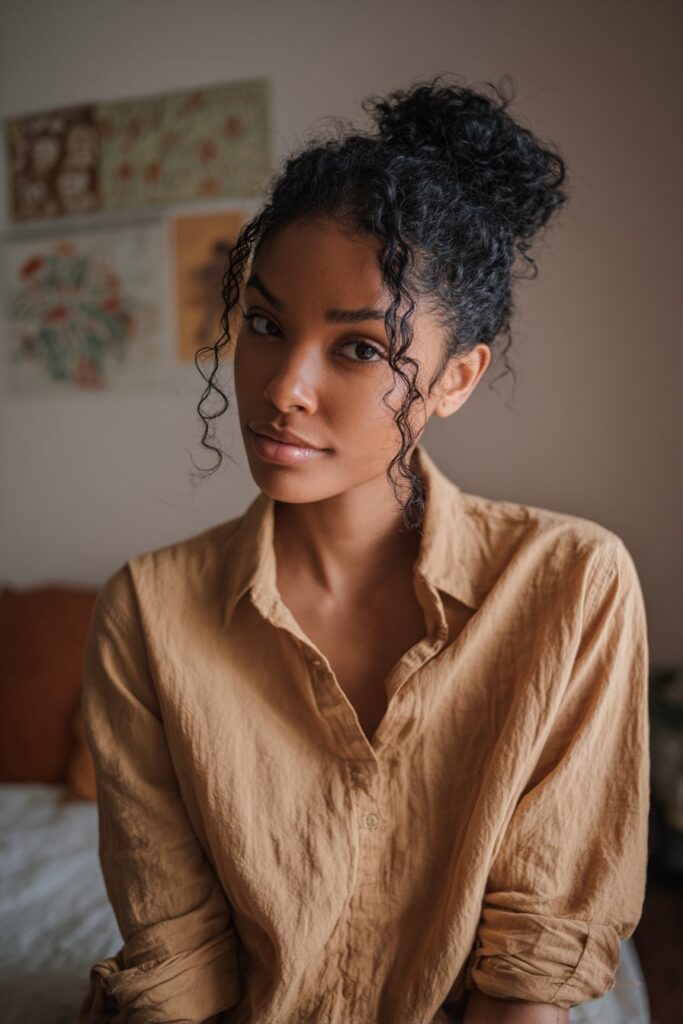 Black woman with curly hair loosely plaited over her shoulder, casual cotton button-up shirt, sitting in a cozy indoor space with subtle wall art.
