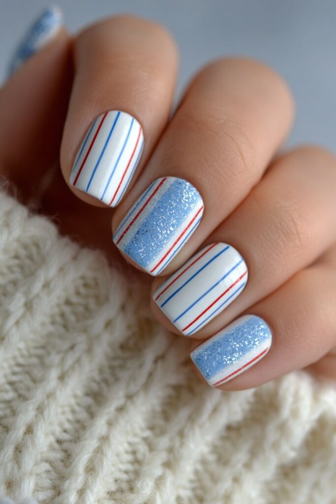 Back to school nails designed like lined notebook paper with white bases, blue lines, and red margins.