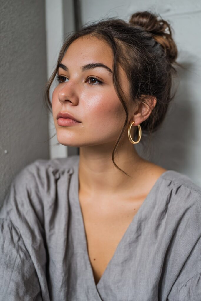 Classic low twisted bun updo for medium hair, timeless and elegant summer hairstyle