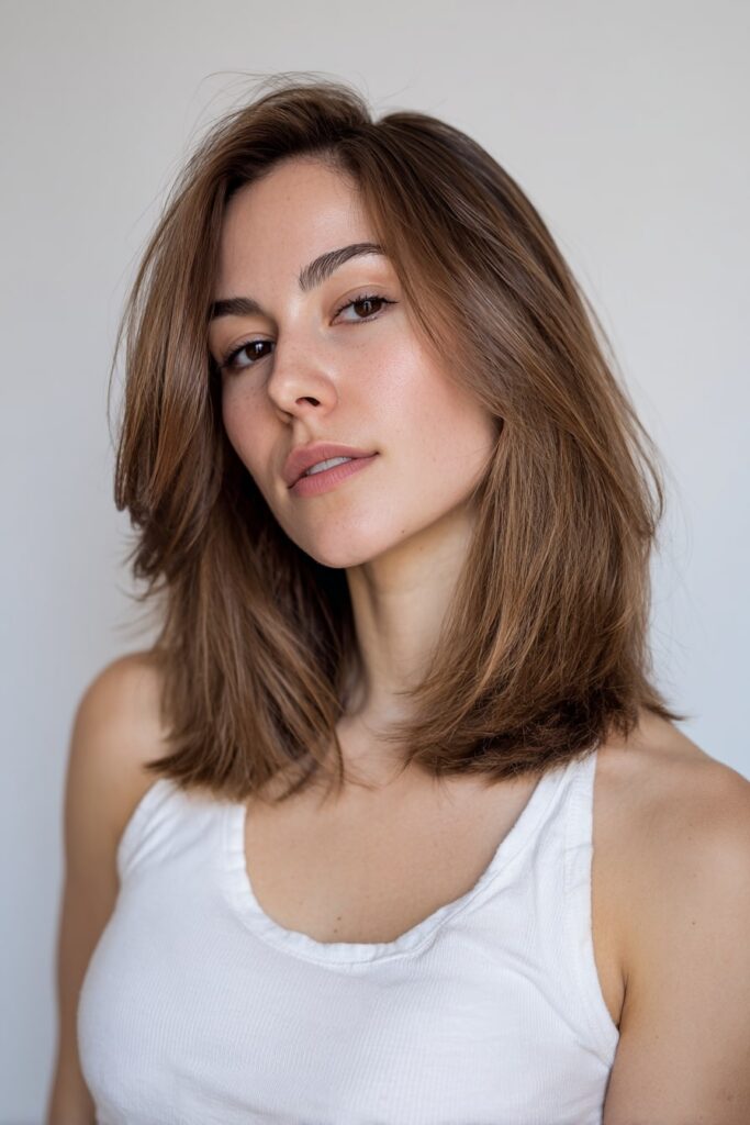American woman with medium-length layered hair and soft side-swept bangs, inward-curved ends and smooth finish, posed in a light outfit on a white backdrop.