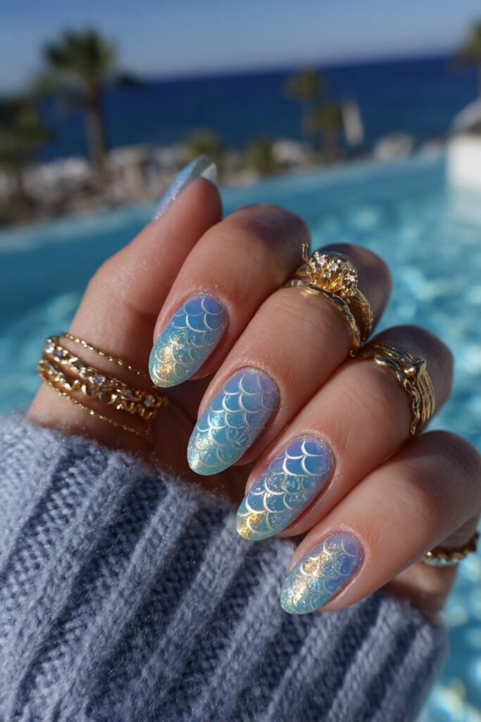 Mermaid-themed vacation nails with shimmering teal and lavender chrome effect and iridescent finishes.