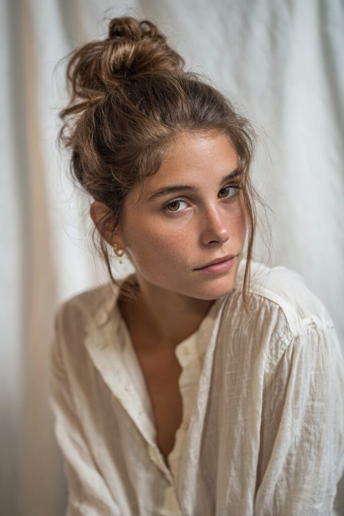 Woman with medium-length hair styled in a messy low bun updo, perfect for casual summer days