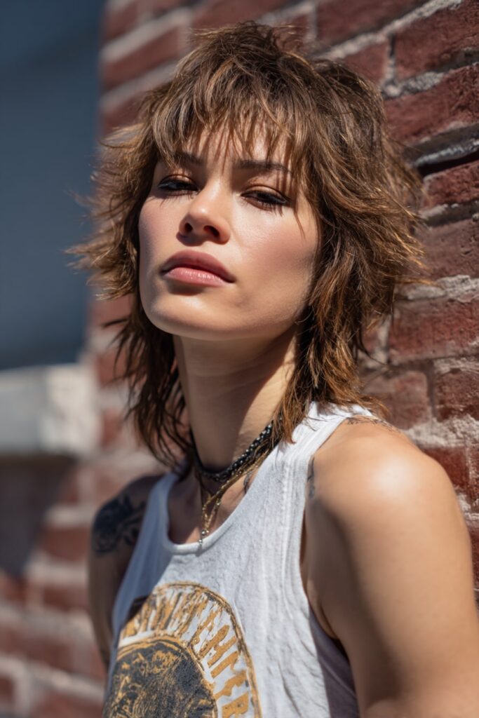 American model with a textured messy shag haircut featuring jagged layers, tousled crown, and grunge fringe, styled with soft volume and set against an urban brick wall.