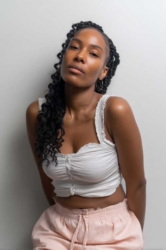 Model with micro-sized Jayda Wayda braids enhanced by curly extensions for added volume and length.