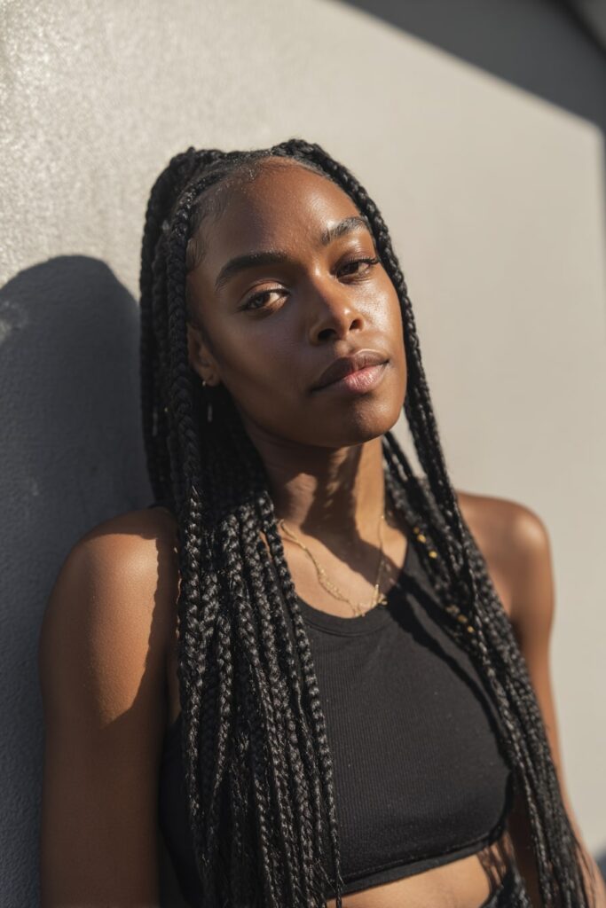 Black model showcasing traditional Fulani braids with a clean middle part and straight flowing strands, minimal accessories.
