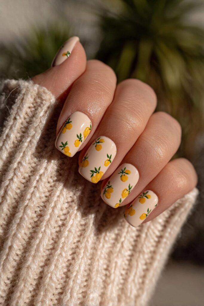 Neutral base nails with tiny orange pumpkin accents and green stems, perfect for fall school season.