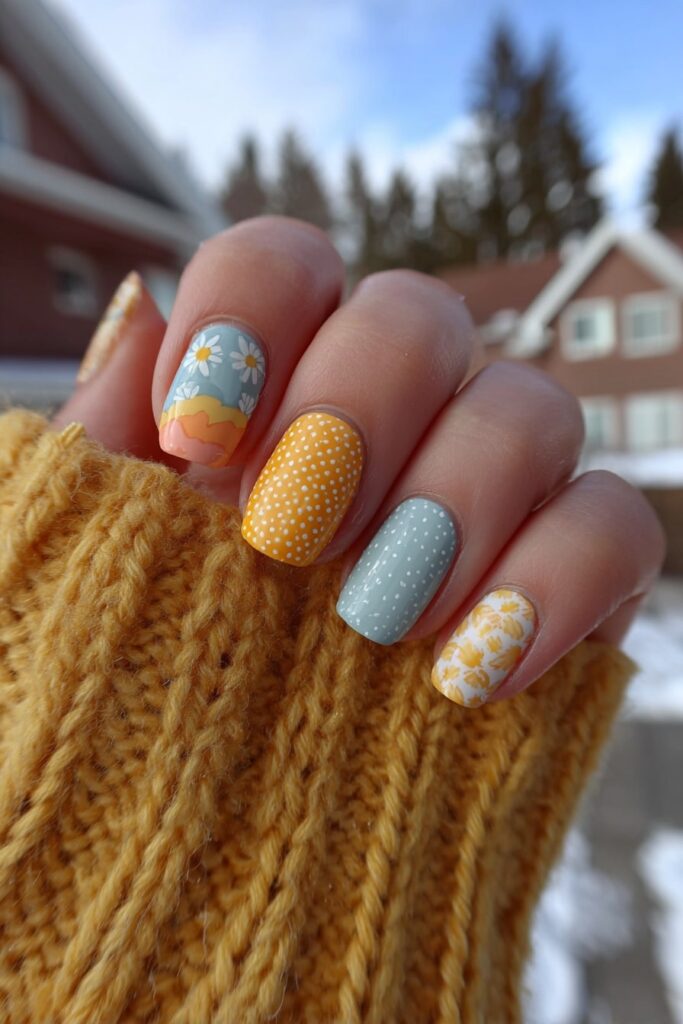 Fun vacation nails with mismatched patterns in coral and sky blue including dots, waves, and split designs.