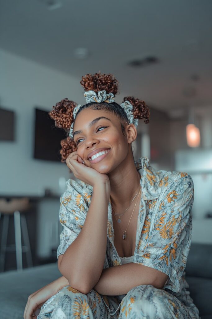 Playful Black woman with curly hair styled in multiple mini pineapple updos, wearing loungewear, smiling in a bright modern living room with sunlight streaming in.