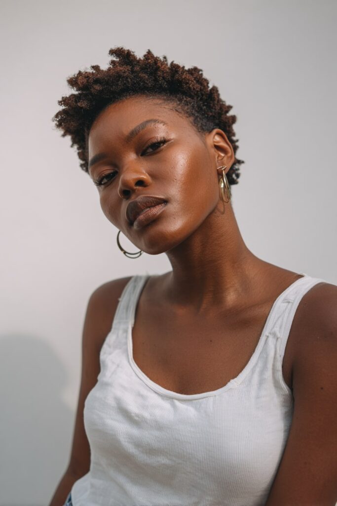 African-American woman with a short natural-textured pixie cut, styled in tight coils with laid edges, minimal glam, and clean background.