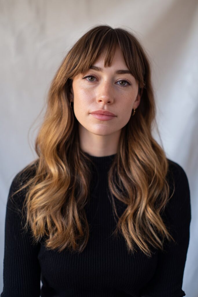 Woman with long layers and wispy, piecey fringe framing the face, soft natural wave and light texture, dressed in neutral tones with minimal background distractions