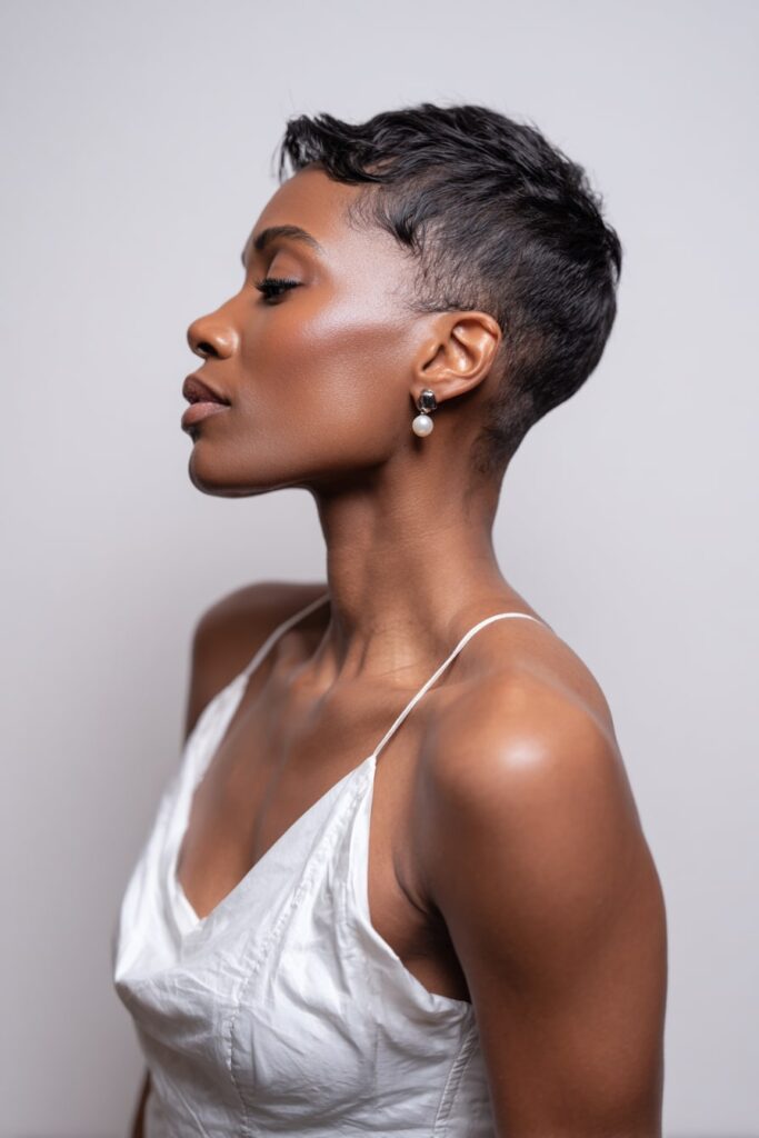 Elegant Black woman wearing a Jayda Wayda-inspired pixie cut with glossy finger waves, vintage glam and pearl earrings.
